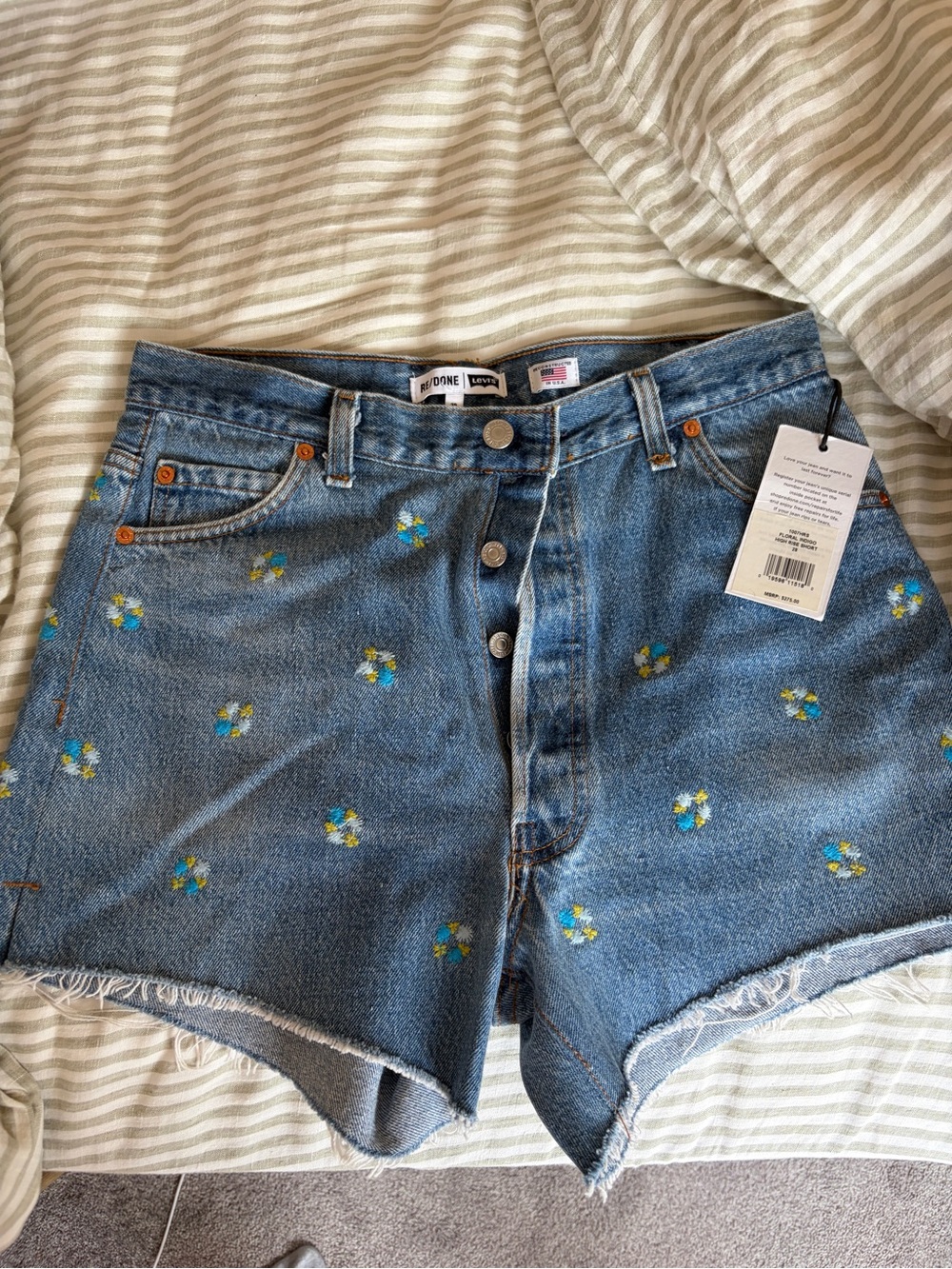 Re/Done Blue Denim High-Rise Shorts with Floral Embroidery